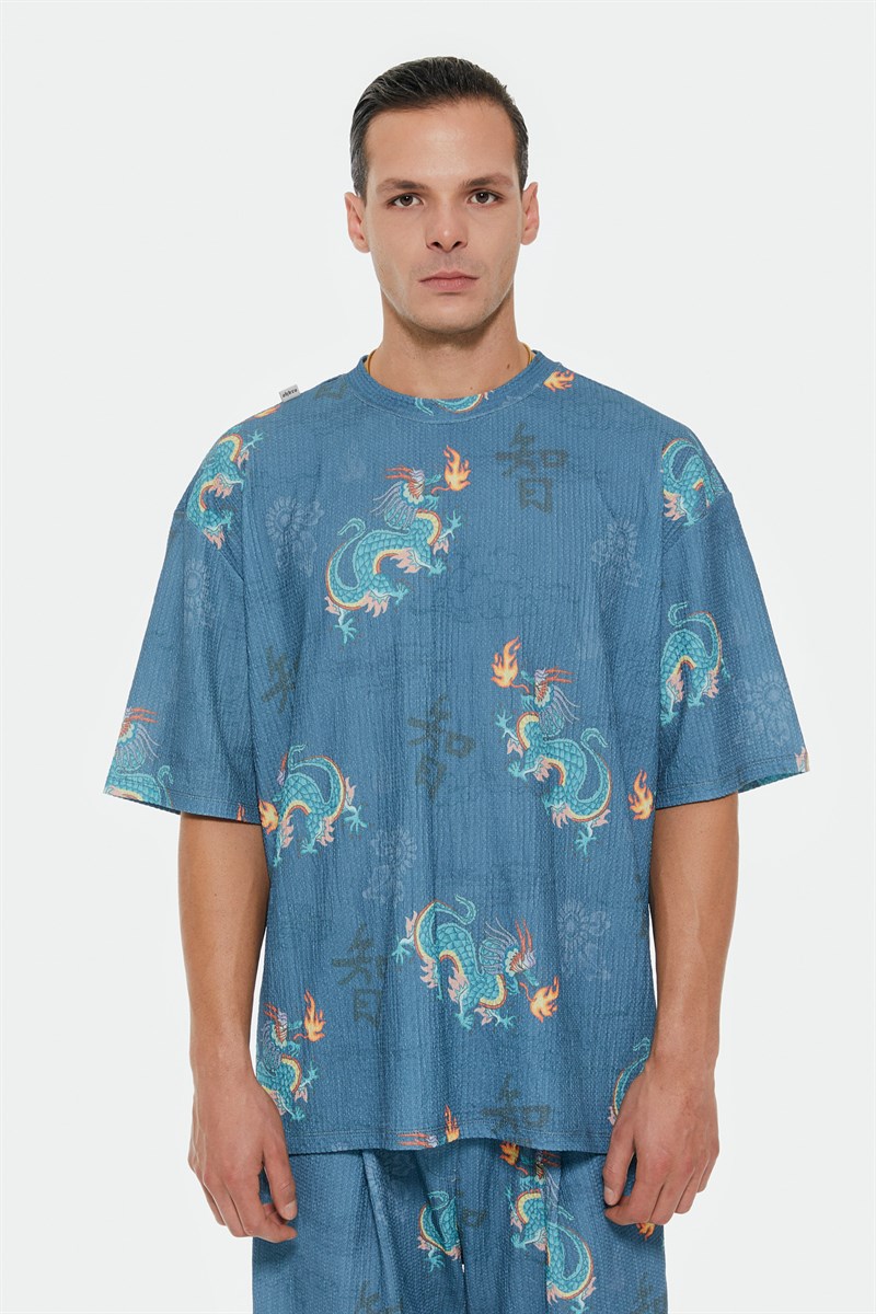 T-SHIRT in petrol blue with dragon print