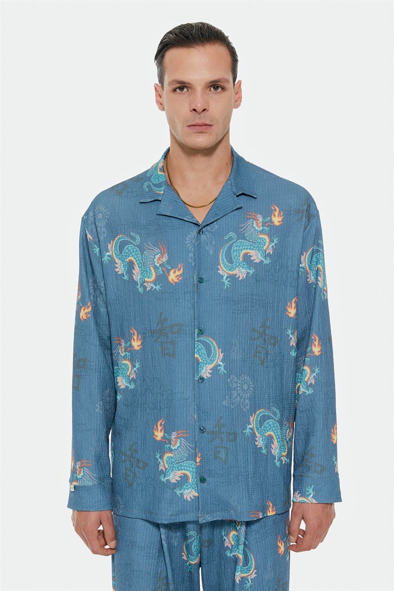 OVERSIZE LONG SLEEVE SHIRT in petrol blue with dragon print 