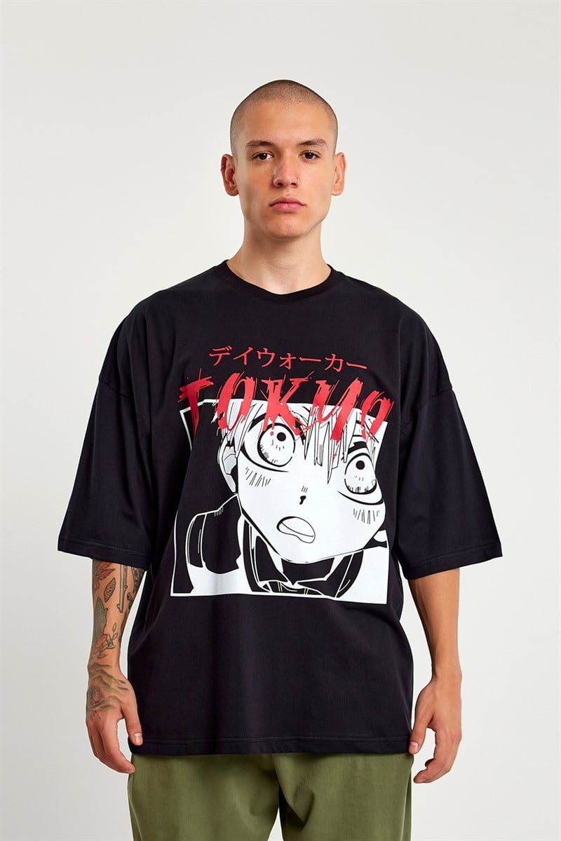 OHBRO Siyah Tokyo With Manga Face BaskılıOversize Tişört