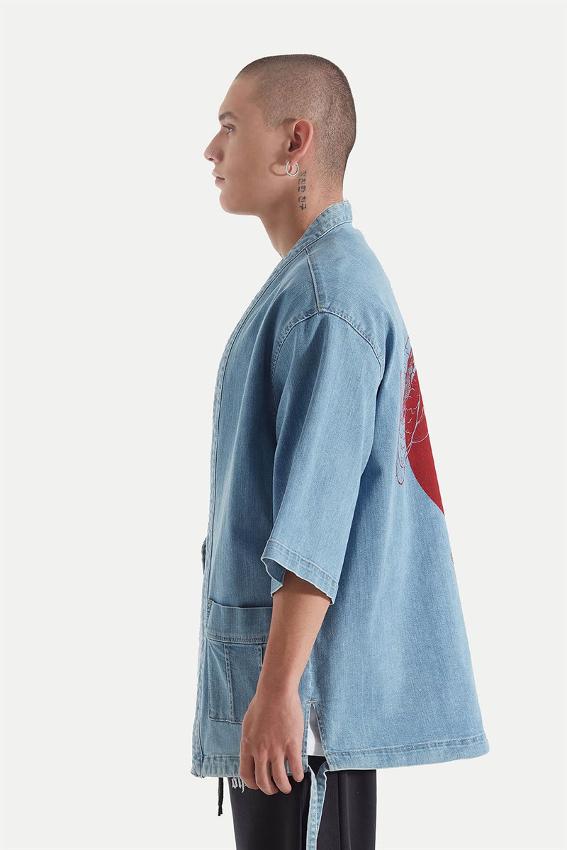 Kot Kimono Ceket - Açık Mavi - KoiBaskı