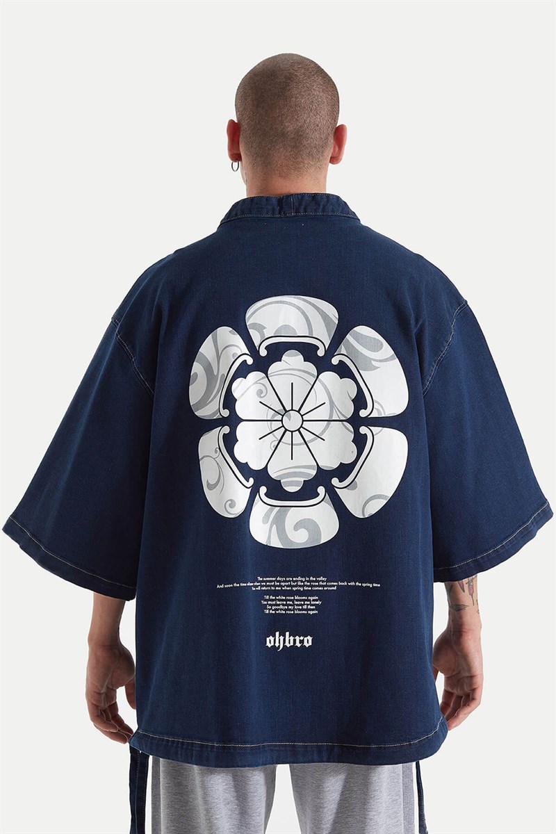 Kot Kimono Ceket - Koyu Mavi - Yorkshire Rose Baskılı