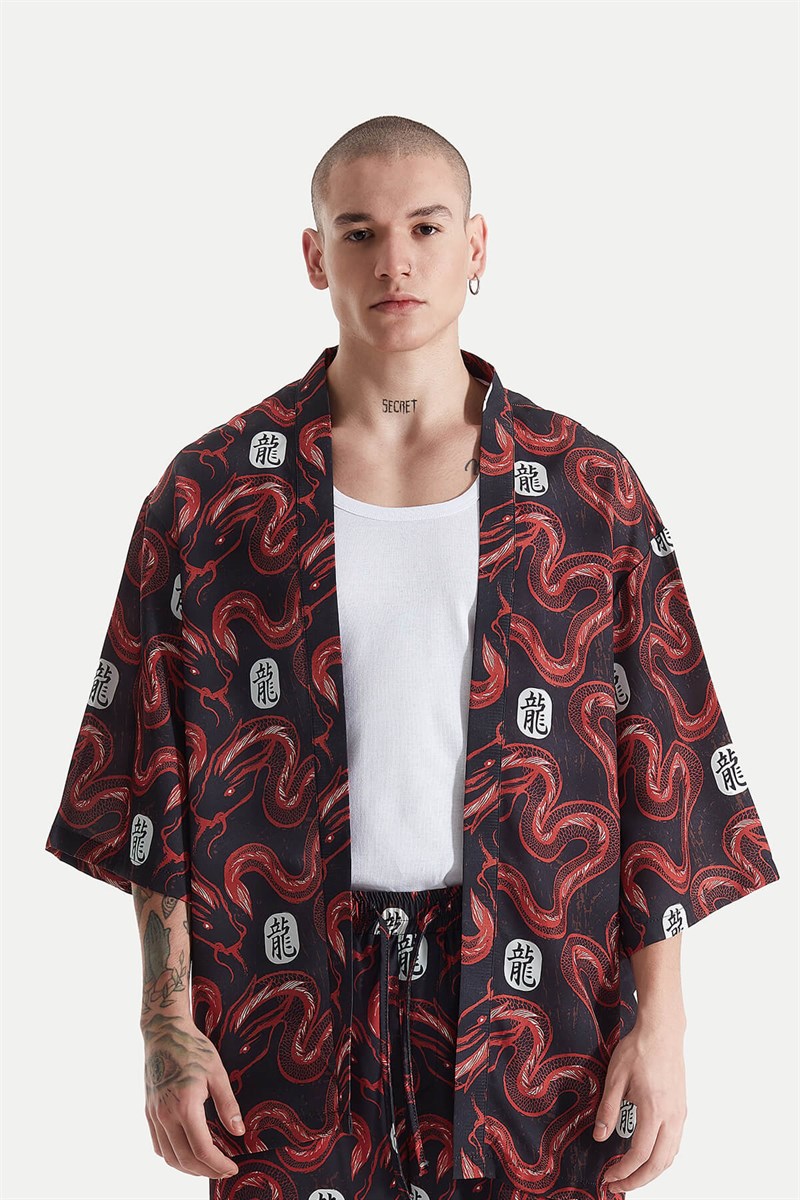 Desenli Kimono Gömlek - Kırmızı Ejder