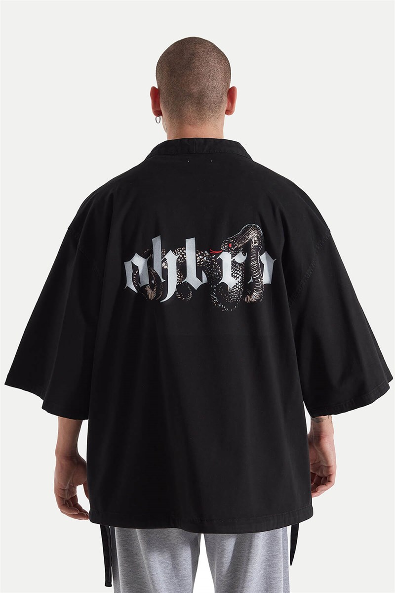 Ohbro Soft Siyah Kot Yılan Baskılı Kimono Ceket